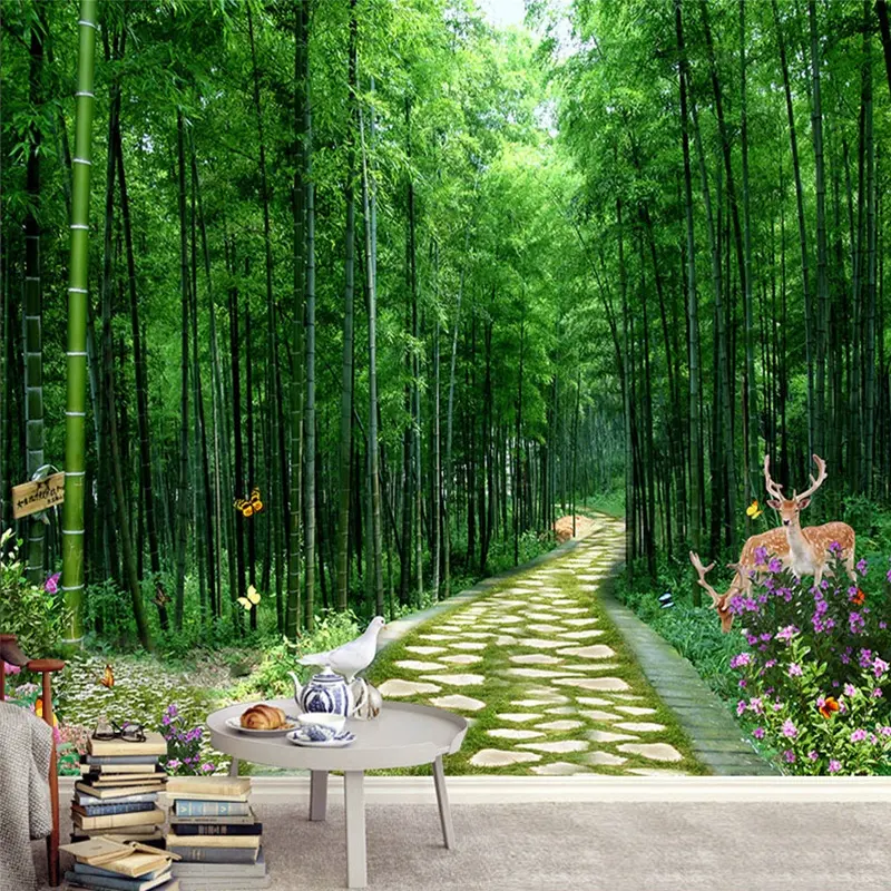 Bamboo forest bamboo natural pastoral scenery 3d5d three-dimensional background wallpaper Hotel mural