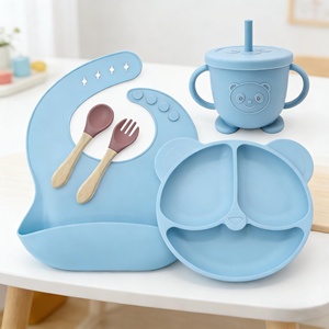 Ensemble de vaisselle en silicone de qualité alimentaire pour bébé, motif dessin animé, assiette d'alimentation complémentaire pour bébé avec points imprimés - Product Image 3