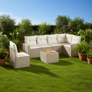 Ensemble de canapés de jardin modulaires en polyrotin beige 6 places, mobilier d'extérieur au design contemporain - Product Image 2