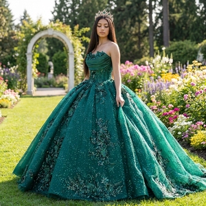 Vestido de Noche Verde sin Tirantes Jancember 6521-1 para Mujer, Vestidos Largos de Fiesta, Talla Grande, Chifón con Plumas, para Quinceañera - Product Image 1