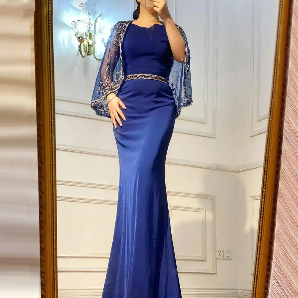 Red/Navy Blue Real Pictures Prom Dresses Classy Satin Mermaid Evening Gowns With Detachable Shawl