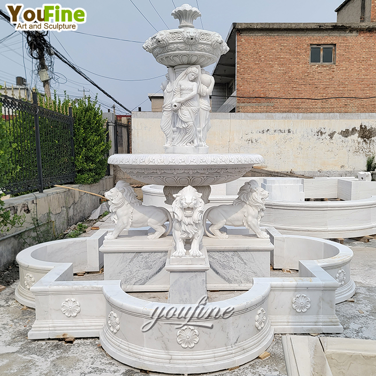 Large Size Modern Outdoor Natural Marble Beautiful Garden Lady And Lion Stone Water Fountain