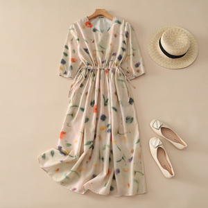 Floral Print Chiffon Midi Dress V-Neck <b>Three</b> Quarter Sleeve A-Line Loose Fit Casual Summer Dress With Drawstring Waist - Product Image 5