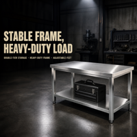 Table de préparation robuste à deux niveaux en acier inoxydable - Capacité de charge de 800 kg/m - Extensibilité modulaire - Bords renforcés - Pieds carrés