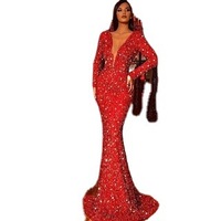 Dq579 Élégante robe de soirée en plumes avec perles rouges