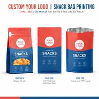 Sachet à fond plat pour snacks, pochette refermable à 8 soudures latérales, 200g 500g, imprimé sur mesure pour noix, biscuits, aliments pour animaux