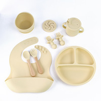 Ensemble repas bébé en silicone de qualité alimentaire, assiette à ventouse antidérapante, bavoir, tasse à bec, cuillère, fourchette, kit d'autonomie pour nourrisson, en stock