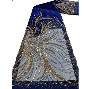 Tela de Terciopelo Floral con <span class=keywords><strong>Lentejuelas</strong></span> Doradas y Pedrería Bordada, Estilo Lujoso K/C, para Vestidos de Noche y de Novia - Product Image 1