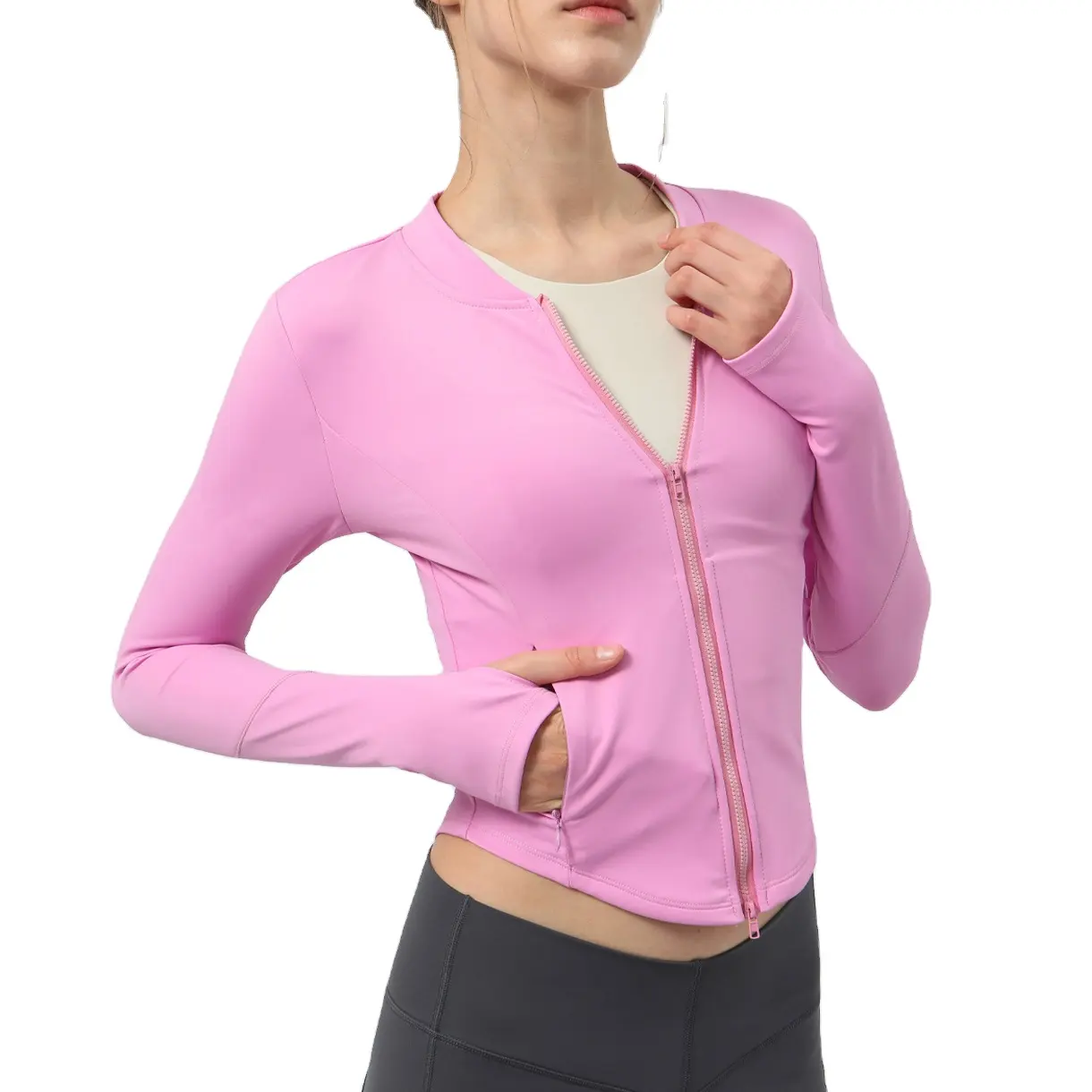 Fashion Two Way Zipper Fleece Training Running Jacket Women Workout Long Sleeve Slim Fit Sports Jacket