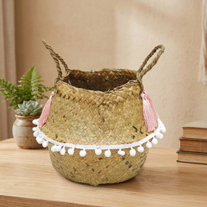 Natural Palm Leaf <b>Storage</b> <b>Basket</b> With Pink Tassels And <b>White</b> Pompoms Bowl Shape Handle Home Decoration Cute Style - Product Image 5