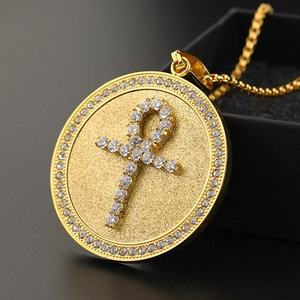 Collar con Colgante Amuleto Ankh Egipcio, Joyería Brillante de Circonita Cúbica con Diamantes, Cadena de Acero Inoxidable con Moneda Redonda - Product Image 2