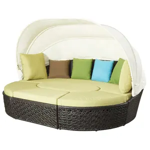 Black Round Hotel Beach Wicker Chaise Lounge Sunbed Outdoor Poolside Rattan Aluminum Daybed with Canopy