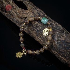 Bracelet en Bois d'Agar Rare et Pliant, Perles de 6 mm, Pierres de Jade Mélangées et Breloque Dorée, Style 17, Bijoux Spirituels de Luxe - Product Image 1