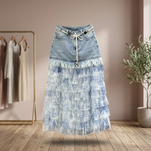 Jupe mi-mollet en mousseline de soie à volants, style décontracté, taille naturelle, nouvelle collection printemps-été 2026 pour femme, respirante, teinte unie - Product Image 3