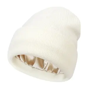 Winter Products 2023 Custom Women Knitted Earflap Bonnet Knitted Satins Lined Beanie Acrylic Solid Warm Smooth Satin Winter Hat