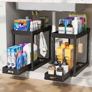Organiseurs de rangement multifonctionnels en plastique à 2 niveaux, coulissants, pour sous-évier de salle de bain ou de cuisine, avec crochets - Product Image 1