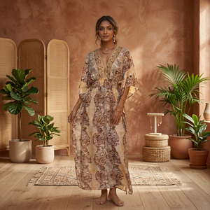 Robe d'été Y2K Bohème Col V en Soie de Sari Indien Tissée Lavable Taille Unique Imprimé Paisley Doux Naturel Décontractée Longueur Ras du Sol - Product Image 3
