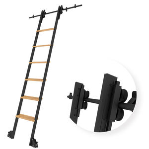 سلم مكتبة متحرك قابل للتمدد من كينميد، طقم سلم منزلق للرفوف مصنوع من الفولاذ والخشب مع فرامل - Product Image 1