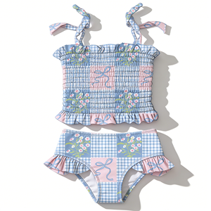 2026 Hot New Girls Boutique Swimsuit <strong>Toddler</strong> Floral Print Smocked Ruffle Shoulder Tie Dream Smocked Tanking Two Piece <strong>Swim</strong> <strong>Suit</strong> - Product Image 2