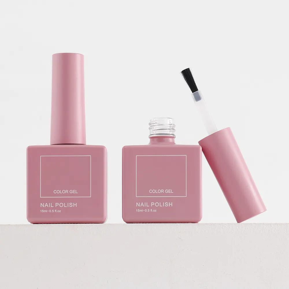 Botella de esmalte de uñas personalizada, 15ml, esmalte de gel cuadrado de vidrio, color rosa