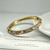 Gelang Berengsel Enamel Motif Bunga Gaya Cloisonne, Gelang Berpola Bunga Lukis Vintage Berlapis Emas, Perhiasan Fashion Elegan