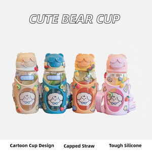 かわいい漫画風学生向け携帯用クマ型水筒、直飲みストロー付き、環境に優しいBPAフリー、再利用可能、アウトドア向け - Product Image 6