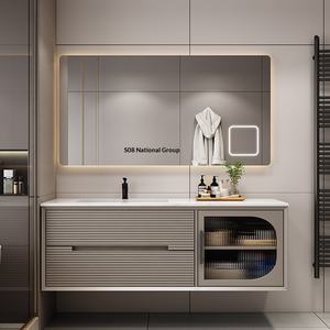 Meuble de salle de bain moderne de luxe léger et simple, avec vasque intégrée en céramique sans joint en <span class=keywords><strong>plaque</strong></span> de roche, miroir et lampe de miroir - Product Image 1