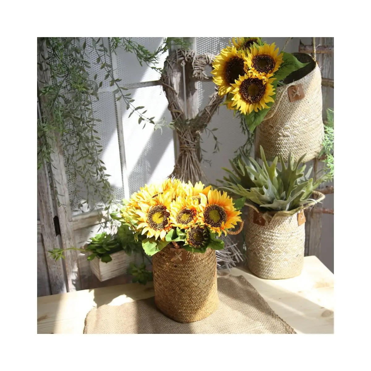 Sonnenblumen Künstliche Blumen Hand gebundener Blumenstrauß Großhandel Hochzeit Seide Orange und Gelbe Blume Mittelstücke Sonnenblume