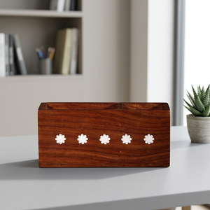 Handmade <b>Wooden</b> <b>Pen</b> Holder Floral Inlay Design Dual Slot Organizer Office Desk Home Decor Sustainable Natural Wood Rectangle - Product Image 1