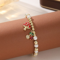 Pulsera con Colgante de Champiñones y Cerezas Rojos y Blancos para Mujer, Collar de Perlas y Cuentas Doradas, Diseño Exclusivo para Mejores Amigas