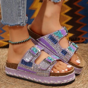 Nouvelles sandales de plage pour femmes grande taille, à semelle épaisse, double boucle et strass, en liège, pour l'été et le commerce transfrontalier - Product Image 2