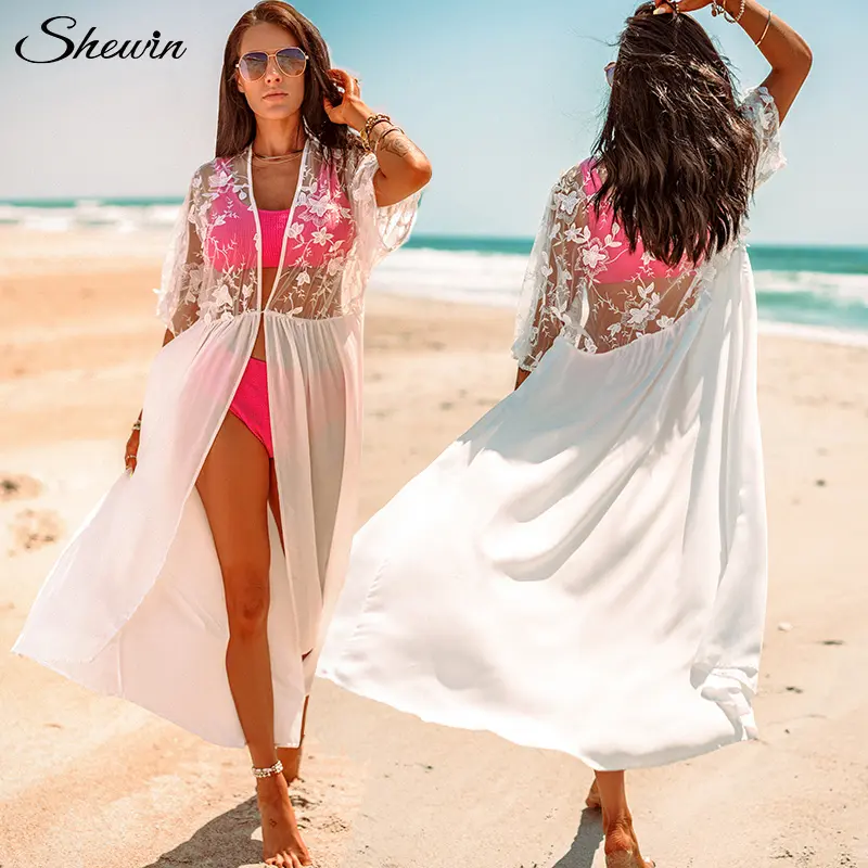2022 Summer White Crinkled Buttons Kimono Chiffon Langes Maxi <span class=keywords><strong>kleid</strong></span> Frauen Sexy Bikini Beach Wear Cover Up Beach Dress