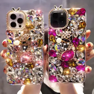 批发价石头设计新款钻石珠光宝气花心3D闪光女孩手机外壳iPhone 14 Pro Max封面
