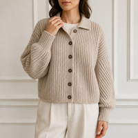 Cardigan en tricot épais personnalisé pour femme, col polo, beige avoine, boutonné, usine OEM ODM