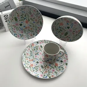 Custom Design Rpet Restaurants Bowl Dishes Plates Dinner Set Tableware Luxury Flower Plastic Dinnerware Set