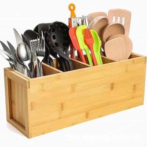 Support à couverts en bambou à 4 compartiments, boîte de rangement pour ustensiles de cuisine, organiseur de comptoir pour couteaux, cuillères et fourchettes - Product Image 2