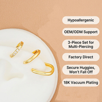 Boucles d'oreilles créoles Huggie 3 pièces plaquées or 18 carats pour piercings multiples, pavé de zircone cubique, empilables, en cuivre, inaltérables, tendance 2026, direct usine