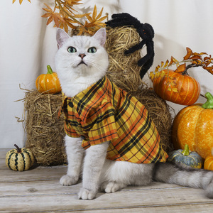 Camisa a cuadros para mascotas, disfraz de poliéster naranja para perros y gatos, ropa festiva con frente abierto - Product Image 1