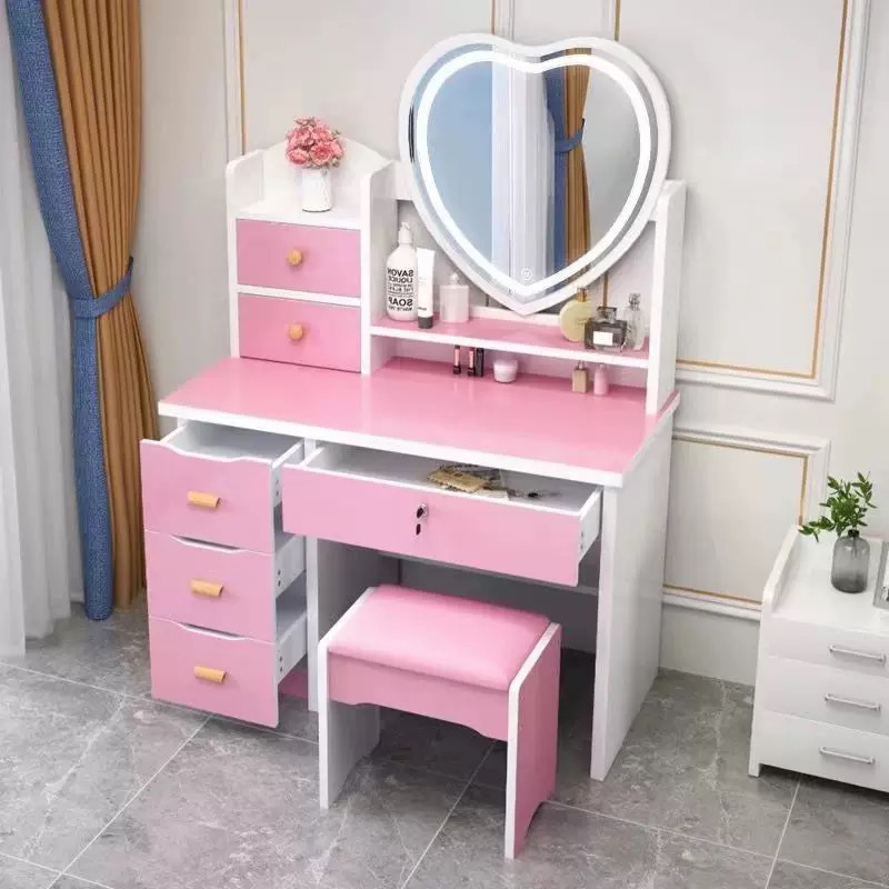 Modern Light Pink Makeup Vanity Table Set with Heart Mirror - Stylish Dressing  Table for Bedrooms and Apartments
