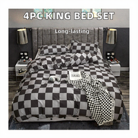 Parure de lit 3 pièces motif géométrique moderne noir, blanc, gris, taille King, 1 drap plat, 1 drap-housse, 2 taies d'oreiller imprimées, 100TC Polyester
