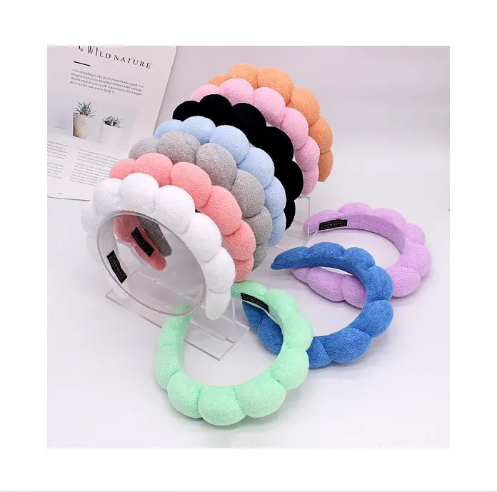 Bán buôn Puffy Sponge rửa mặt headbands Terry khăn vải trang điểm chăm sóc da bong bóng mềm hairband cho phụ nữ cô gái