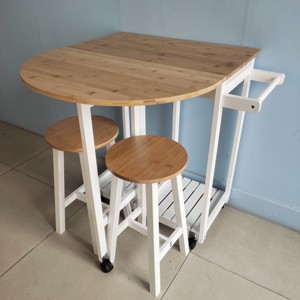 Tavolo pieghevole da cucina in legno con due sgabelli negozio sotto il carrello, <span class=keywords><strong>4</strong></span> rotelle, 2 <span class=keywords><strong>cassetti</strong></span> portaoggetti, rotondo, naturale - Product Image 6