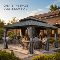 Gazebo en aluminium 10x12 avec toit rigide, rideaux et moustiquaire, options de toit configurables pour patios résidentiels et commerciaux