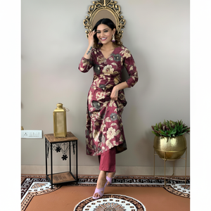 Ensemble haut et pantalon de travail en coton mélangé imprimé numériquement, couleur vin - Product Image 1