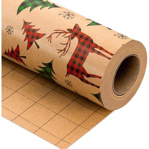 Kraft Christmas <b>Wrapping</b> <b>Paper</b> Roll 17 In X 33 Ft Plaid Deer Pattern Recyclable Brown Thick Packaging <b>Paper</b> - Product Image 1