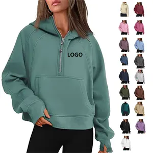 Fashion Casual Plus Size Ladies Cropped Hoodies & Sweatshirts OEM Custom Logo Fleece Solid Color Half Zip Hoodie Women