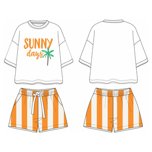 Abbigliamento estivo per bambini giorno di sole t-shirt bianca stampata con pantaloncini a righe arancioni Set di abbigliamento Casual per bambini e ragazze - Product Image 5