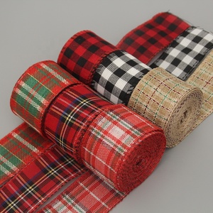 Pita Buffalo <span class=keywords><strong>Plaid</strong></span> Grosir, Pita Satin Tahan Lama dengan Tepi Kawat untuk Pembungkus Kado dan Dekorasi Natal - Product Image 1