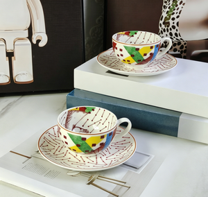 Colorful Geometric And Horse Print Bone China Coffee Cup And Saucer With <b>Red</b> Line Pattern For Afternoon Tea - Product Image 3