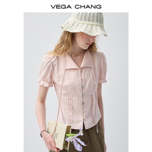 Chemisier rose clair à manches bouffantes VEGA CHANG pour femme, col en V avec cordon de serrage, chemise décontractée, vente en gros - Product Image 2